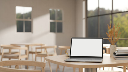 A white-screen laptop computer mockup on a wooden table in a minimalist comfortable coffee shop.