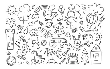 Children drawings set. Kid doodle elements. Boy, girl and robot. Sun in clouds, summer flowers, painted house and castle, cute cat and teddy bear. Line ship. Vector illustration on white background. - 780327614