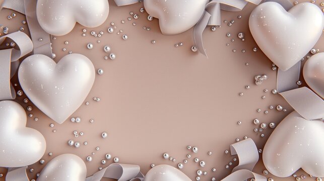 Pearlescent white hearts with silver ribbons on a beige background