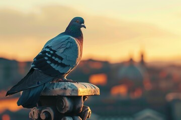 pigeon perched on urban fixture at golden hour, cityscape in warm light
