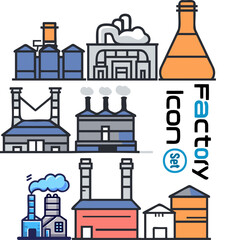 Stylized Industrial Buildings and Factories Icon Set
