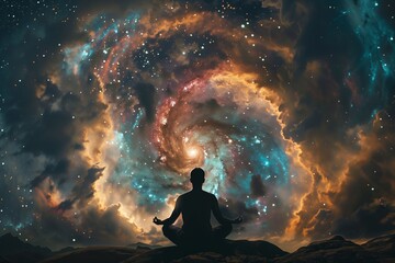 silhouette meditating in front of a vivid galactic spiral, unity with the cosmos
