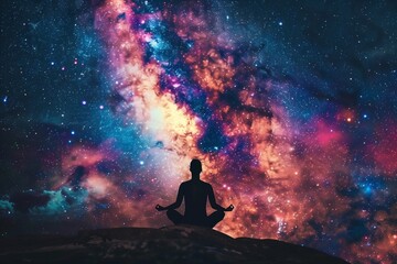 Fototapeta na wymiar person in meditation pose under a mesmerizing cosmic starry sky 