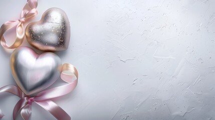 Two metallic heart shapes with pink satin ribbon on a textured surface
