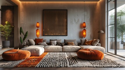 Modern Living Room Interior with Warm Lighting