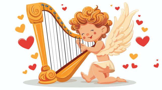 Cupid plays the harp isolated on a white background.