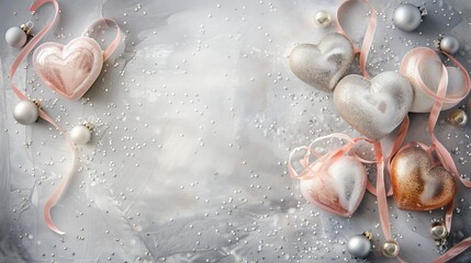 Elegant heart decorations with pink ribbons and small beads on grey.