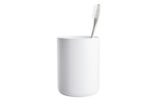 Toothbrush in White Cup on White Background. On a White or Clear Surface PNG Transparent Background.