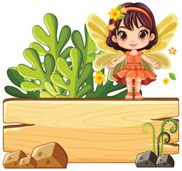Cute fairy with wings standing on a wooden sign. - 780328616