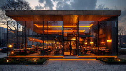 Fototapeta premium Twilight Ambiance at a Modern Glass-Front Restaurant With Warm Lighting. Generative AI