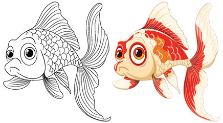 Black and white sketch beside a colored goldfish illustration. - 780328696