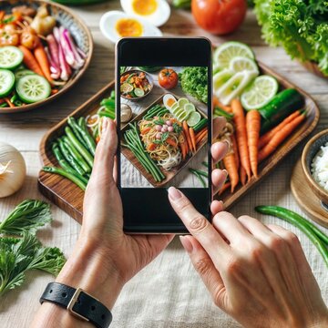 Woman taking photo with smartphone of Papaya Salad with shrimp in a restaurant