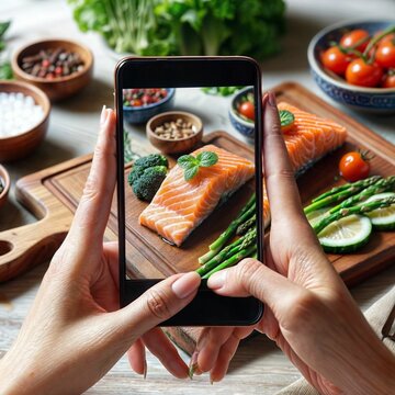 Close up of woman holds modern smartphone and taking photo of her Salmon steak to share on social media