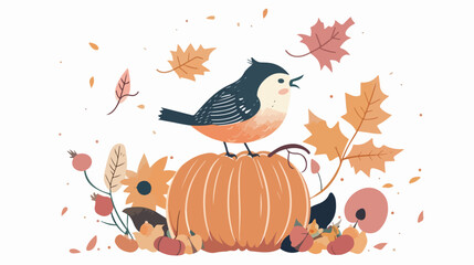 Obraz na płótnie Canvas Cute bird singing on a pumpkin Autumn vibes vector 
