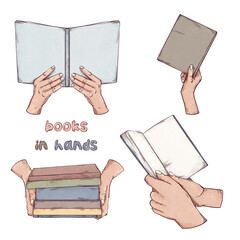 Books in hands hand drawn illustrations set. Sketch art of books with empty pages isolated on white background. Art pencil style drawing. - obrazy, fototapety, plakaty