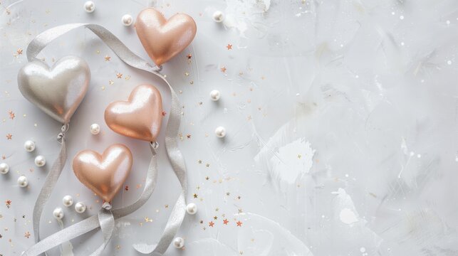 Elegant heart-shaped ornaments with silver ribbons on a painted background