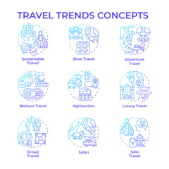 Travel trends blue gradient concept icons. Travel and hospitality industry. Mindful travel. Global tourism. Trip planning. Icon pack. Vector images. Round shape illustrations. Abstract idea