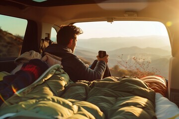 A man sitting in the trunk of his car, holding coffee and looking at mountains through an open window with blue blankets on him, camping gear inside, sunset light