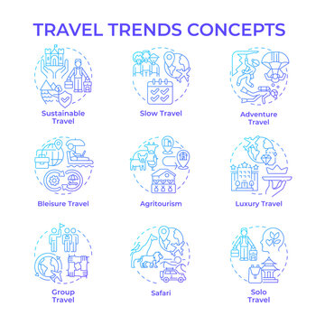 Travel trends blue gradient concept icons. Travel and hospitality industry. Mindful travel. Global tourism. Trip planning. Icon pack. Vector images. Round shape illustrations. Abstract idea