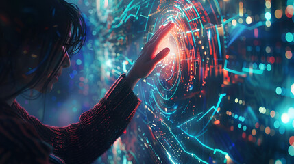 Woman hand touching The metaverse universe,Digital transformation conceptual  ,Businesswoman on blurred background using digital holographic interface 3D rendering - obrazy, fototapety, plakaty