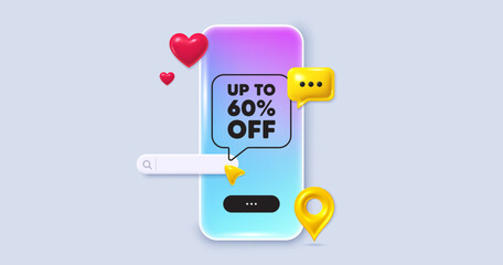 Social media phone app. Up to 60 percent off sale. Discount offer price sign. Special offer symbol. Save 60 percentages. Social media search bar, like, chat 3d icons. Discount tag message. Vector