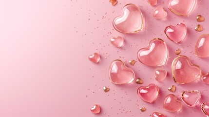 Glossy, translucent heart shapes with golden edges on a pink background. - obrazy, fototapety, plakaty