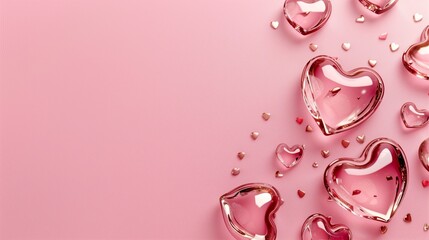 Glossy hearts scattered on a soft pink background with festive vibe