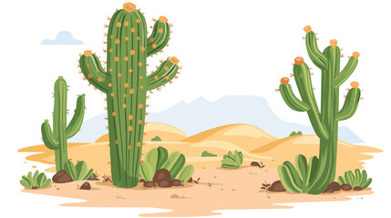 Cartoon beautiful cactus on desert background flat vector