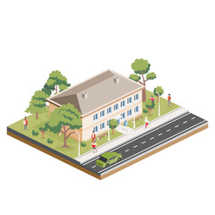 Isometric residential two storey building with people, road and trees. Icon or infographic element. City home. Architectural symbol isolated on white background. 3D object.