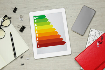 Energy efficiency rating on tablet display. Flat lay composition on table