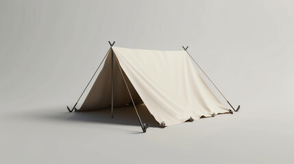 Simple and realistic 3D rendering of a vintage canvas tent. The tent is beige and has a classic A-frame design.