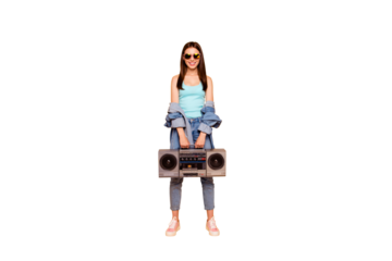 Full length body size studio photo portrait of cheerful beautiful pretty attractive cute confident in blue top she her positive student youth hold radio in hand isolated bright background