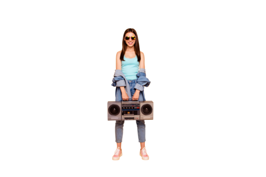 Full length body size studio photo portrait of cheerful beautiful pretty attractive cute confident in blue top she her positive student youth hold radio in hand isolated bright background