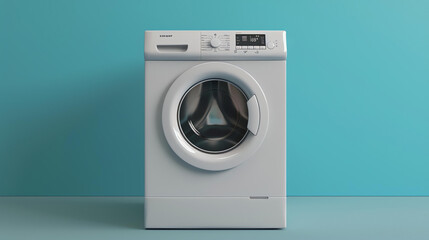 Front view of a washing machine. The washing machine is white and has a round door. The door is made of glass and has a black seal around it.