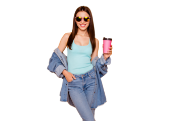 Pretty careless charming swag nice in loose outfit clothes she her girl holding fresh hot in pink mug ice tea holding hand in pocket isolated bright vivid vibrant background