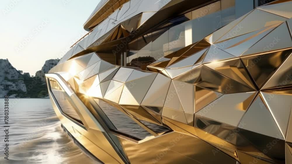 Poster the next image showcases a yacht with a striking geometric hull design featuring a complex interplay