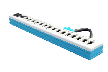 Close Up of Blue and White Power Strip. On a White or Clear Surface PNG Transparent Background.