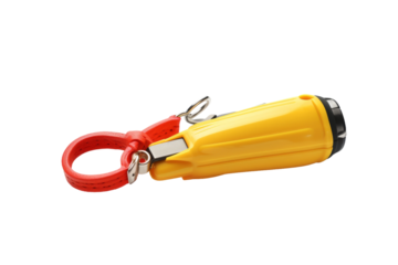 Yellow and Red Whistle Shaped Keychain. On a White or Clear Surface PNG Transparent Background.