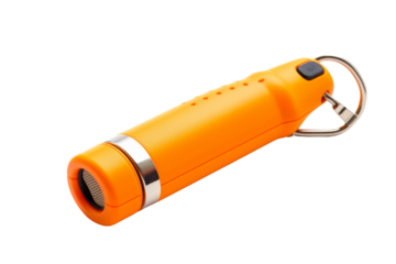 Orange Flashlight Keychain for Portable Illumination. On a White or Clear Surface PNG Transparent Background.