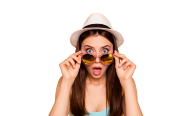 Closeup headshot studio photo portrait of shocked with big staring eyes open mouth she her girl adjusting specs looking at camera isolated bright vivid background