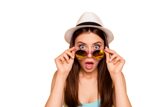 Closeup headshot studio photo portrait of shocked with big staring eyes open mouth she her girl adjusting specs looking at camera isolated bright vivid background