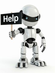 Naklejka premium Friendly robotic helper displaying a 'Help' black message, offering user support and guidance on digital platform