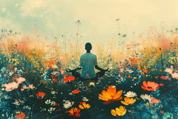 A digital illustration of a person meditating amidst a field of flowers, visualizing each bloom representing a worry, improved mental health. - obrazy, fototapety, plakaty