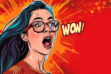 A pop art illustration of a woman with a chat text dialog bubble screaming and shouting WOW! in the style of print halftone, AI Generated