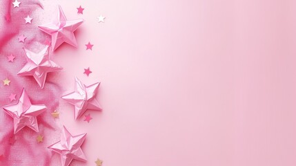 Fototapeta na wymiar Pink shiny origami stars scattered on a textured background with copyspace