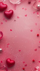 Valentine's Day themed background with red hearts and pink ribbon