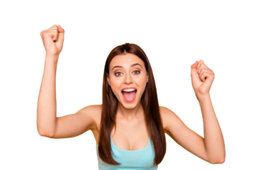 Closeup studio photo portrait of comic delightful rejoicing attractive enthusiastic she her youngster youth lady make gesturing holding hands up isolated on bright vivid vibrant background