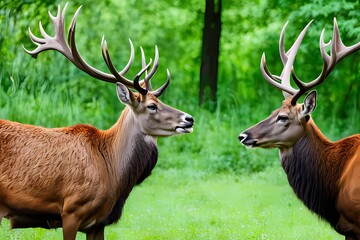 Naklejka na ściany i meble Two red deer, cervus elaphus, standing close together and touching with noses in woodland in summer nature. Wild animals couple looking to each other in forest. Stag and hind smelling in wilderness