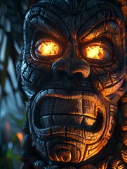 Black tiki mask with horror theme, ritual use, ominous detail, soft glow, close texture focus , 8K , high-resolution, ultra HD,up32K HD - obrazy, fototapety, plakaty