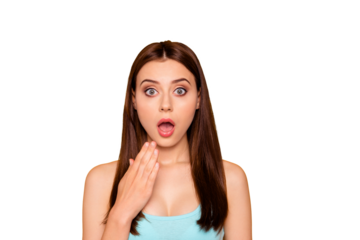 Close up photo portrait of astonished with big round eyes she her student holding hand near mouth isolated on bright vivid background copyspace